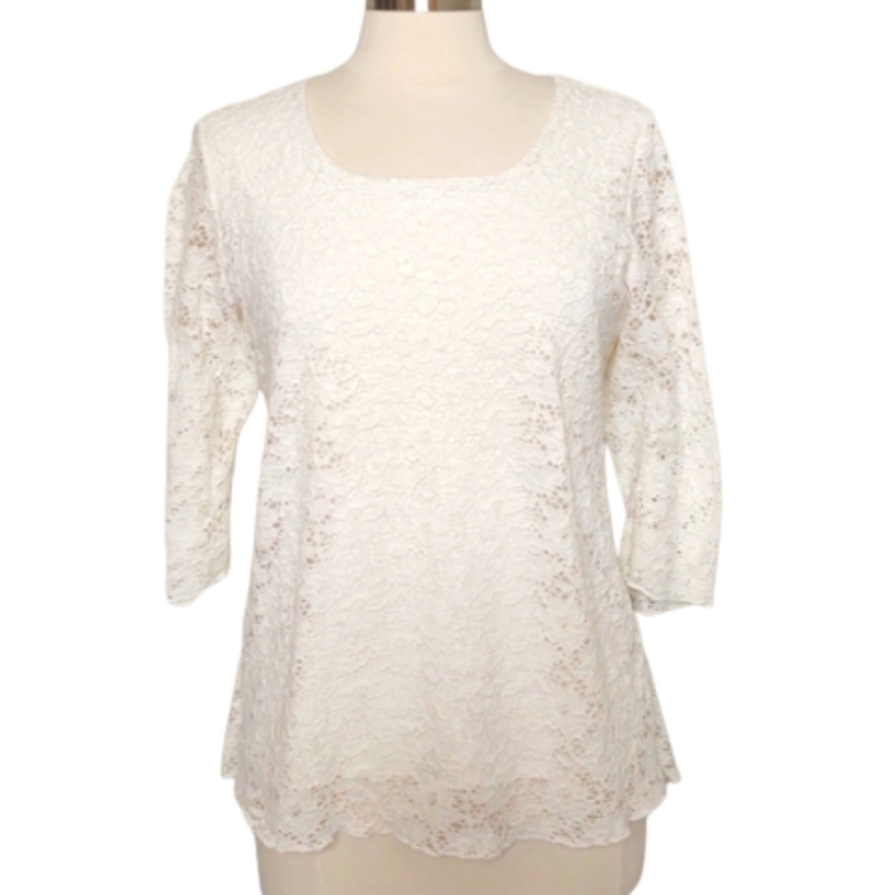 Jennie & Marlis Cream Lace Top Blouse Medium Petite 3/4 Sleeve Lined Boho